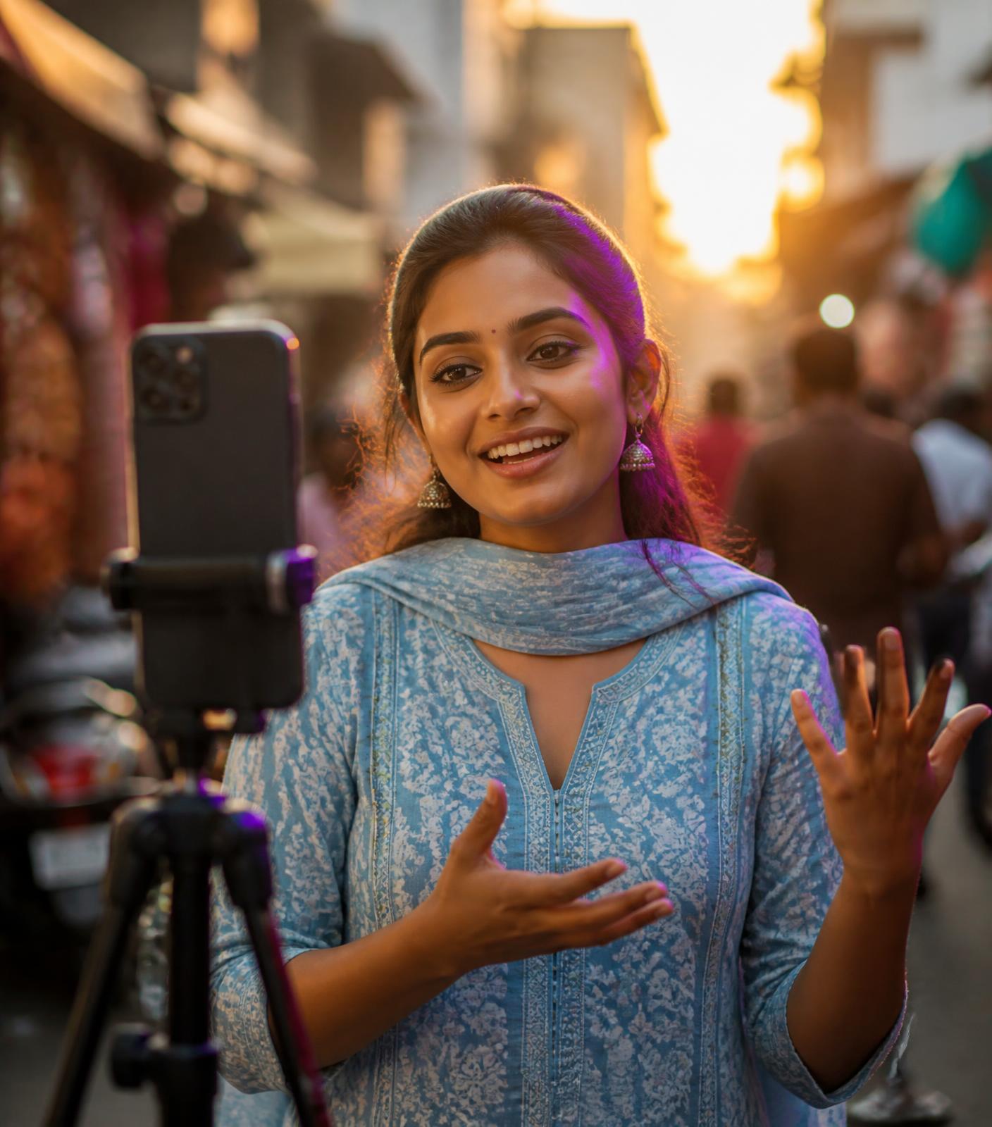 Indian creator filming a reel on a smartphone in a local market street